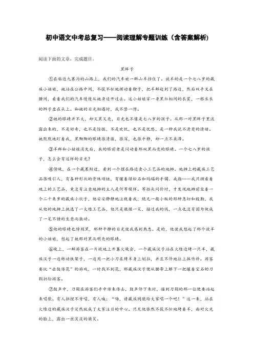 初中语文中考总复习阅读理解专题训练《黑眸子》(含答案解析)