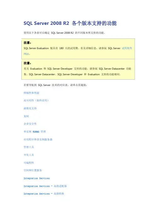 SQL Server 2008 R2 各个版本支持的功能