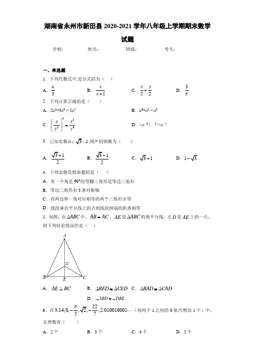 湖南省永州市新田县2020-2021学年八年级上学期期末数学试题