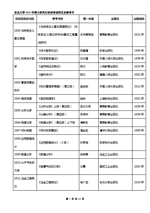 东北大学2016年博士研究生初试考试科目及参考书