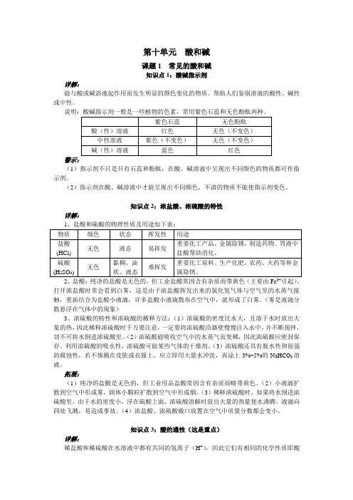 九年级化学第十章酸和碱知识详解