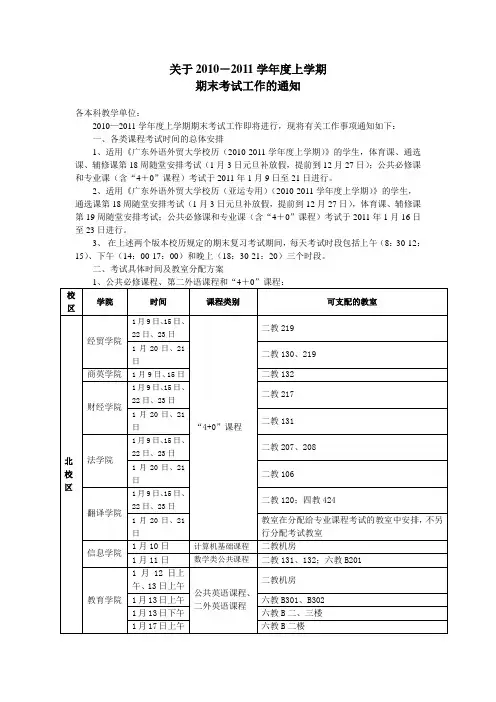 关于2010-2011学年度上学期期末考试工作的通知