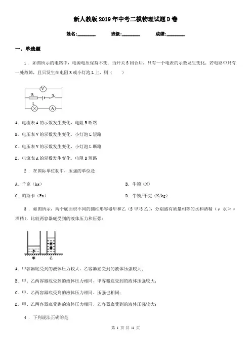 新人教版2019年中考二模物理试题D卷