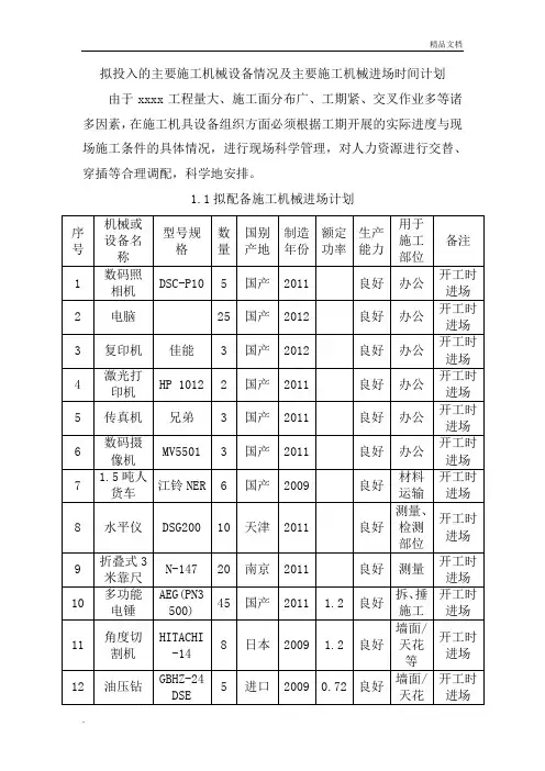 拟投入的主要施工机械设备情况及主要施工机械进场时间计划