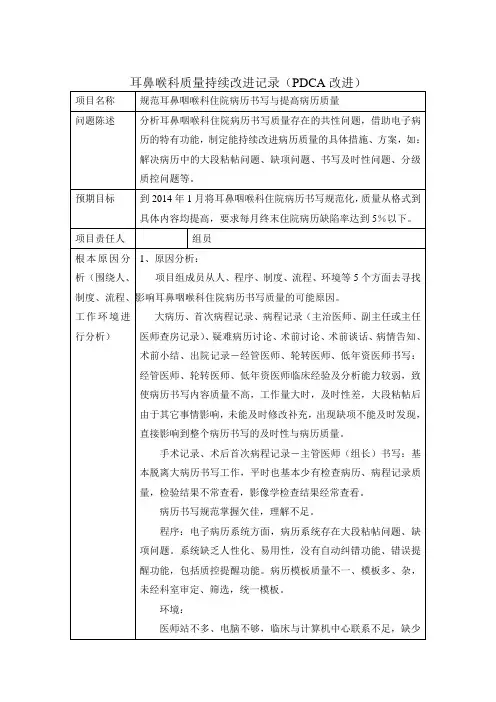 耳鼻喉科质量持续改进记录(PDCA改进)word版本