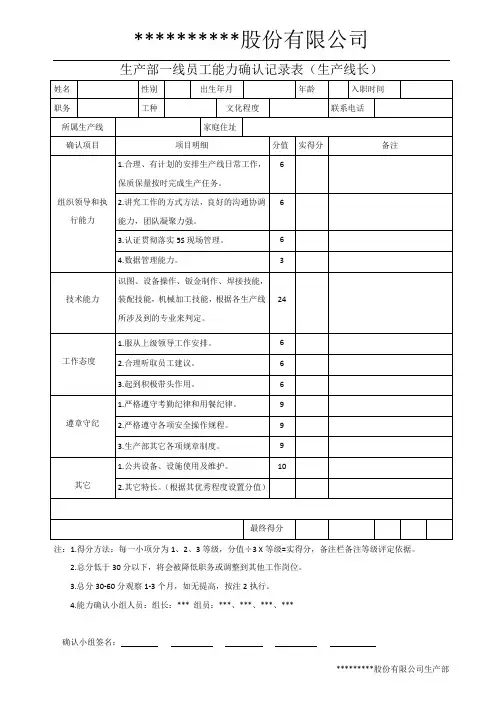 生产部一线员工能力确认记录表