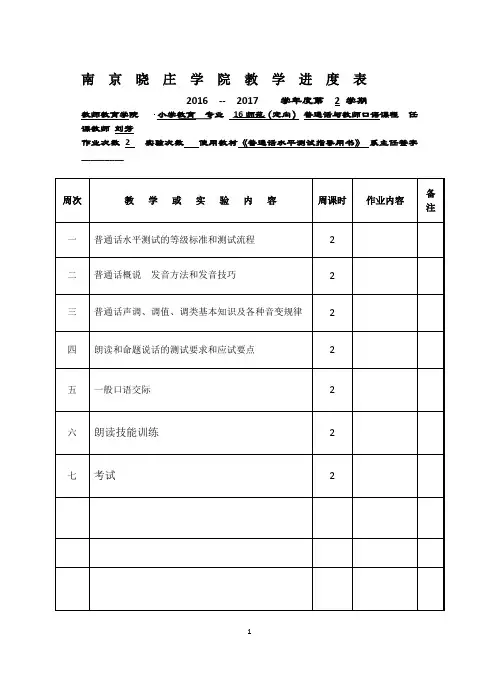 2016-2017学年第一学期 《普通话与教师口语》教学进度表