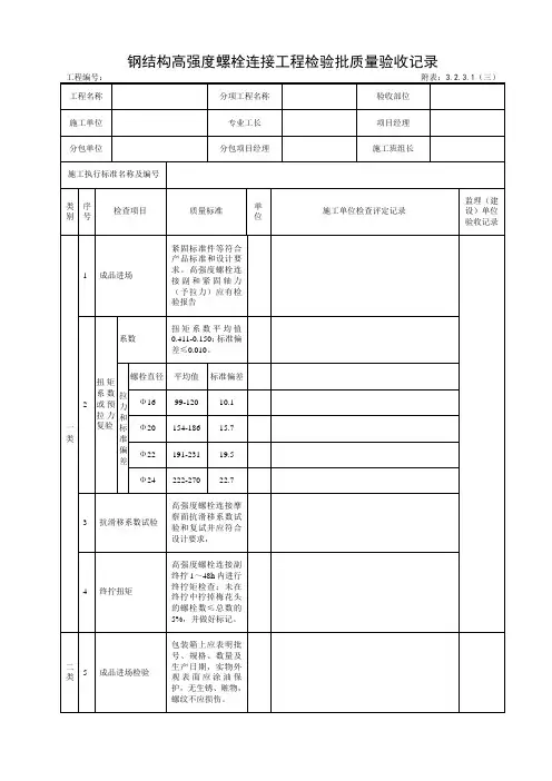 3.2.3.1附表(三)钢结构高强度螺栓连接工程检验批质量验收记录