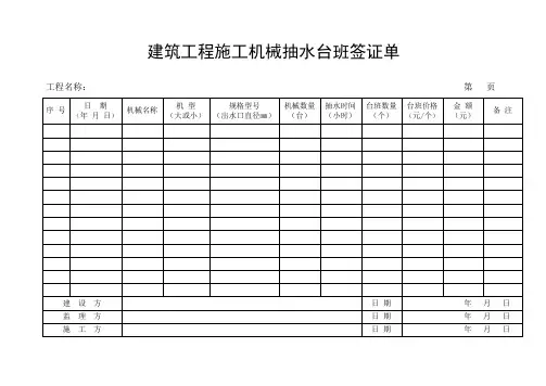 建筑施工机械抽水台班签证单(空白表)