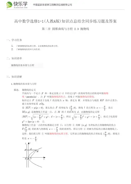 高中数学选修1-1(人教A版)第二章圆锥曲线与方程2.3知识点总结含同步练习及答案