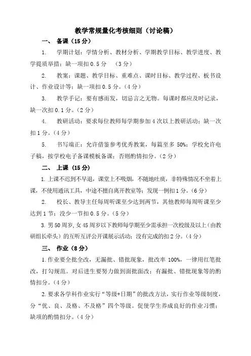 小学教学常规量化考核细则