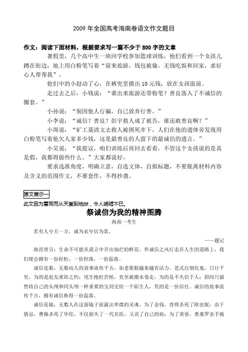 海南09年高考优秀作文