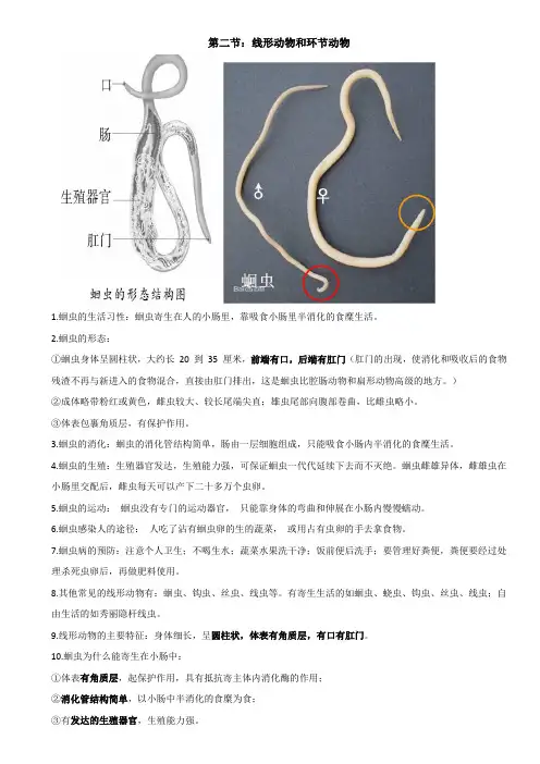 2019年人教版八年级上册生物5.1.2第二节：线形动物和环节动物讲义和练习(含答案)