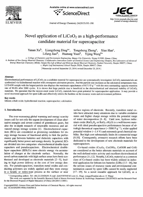 Novel application of LiCoO_2 as a high-performance candidate material for supercapacitor