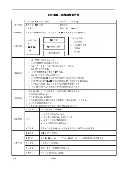 IQC助理工程师职位说明