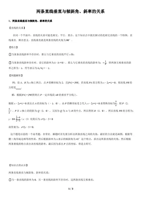 两条直线垂直与倾斜角、斜率的关系