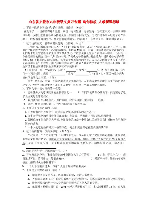 山东省文登市九年级语文复习专题 病句修改 人教新课标版