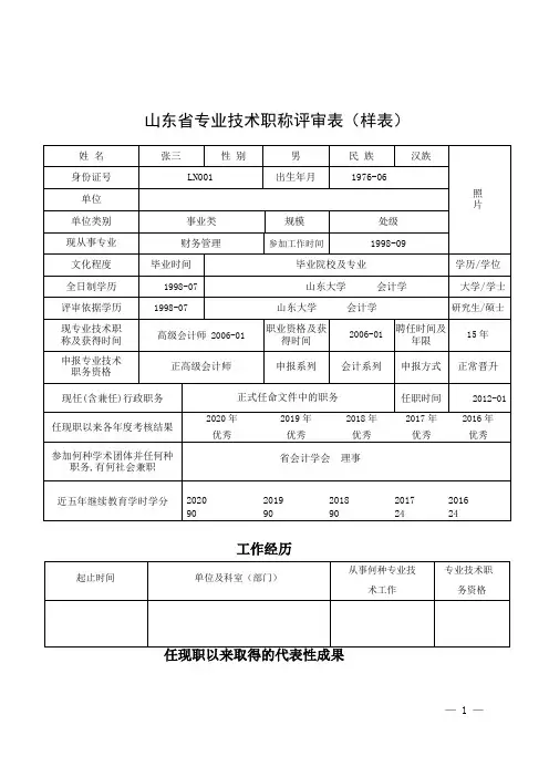 山东省专业技术职称评审表(样表)