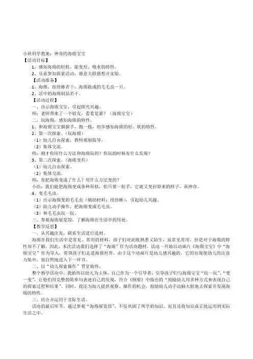 幼儿园小班科学活动《神奇的海绵宝宝》教案附教学反思