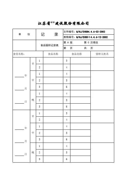 【Excel表格】食品留样记录表