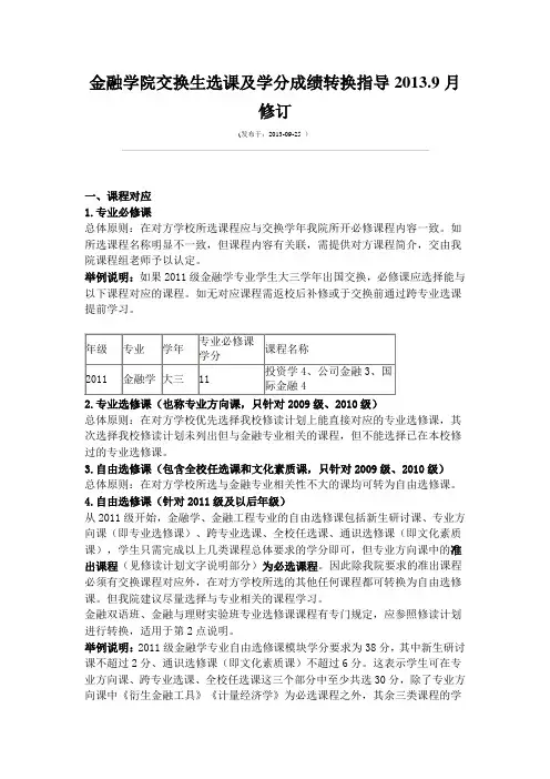 交换生——金融学院选课及学分成绩转换指导2013