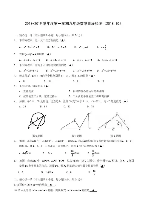 江苏省徐州市第十三中学2019届九年级上学期第一次学习情况阶段检测(月考)数学试题(无答案)