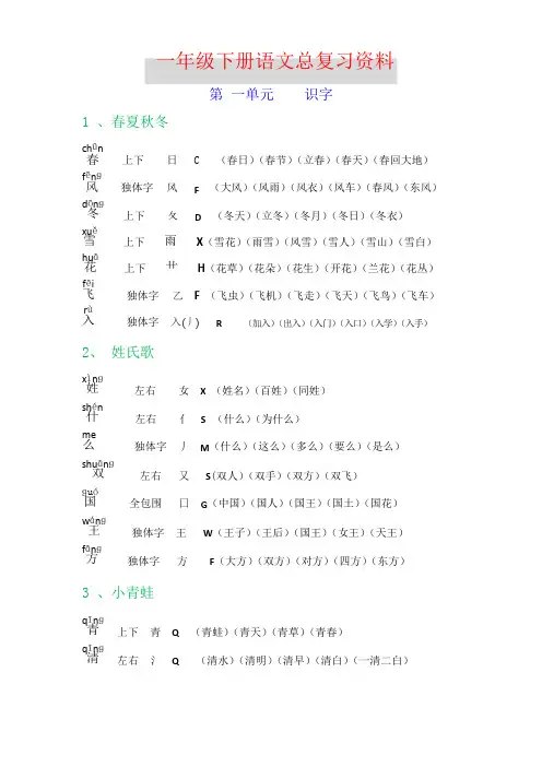 人教部编版小学一年级语文下册总复习资料(生字组词