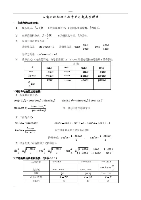 高中数学三角函数专题复习(内附类型题以与历年高考真题_含答案免费)