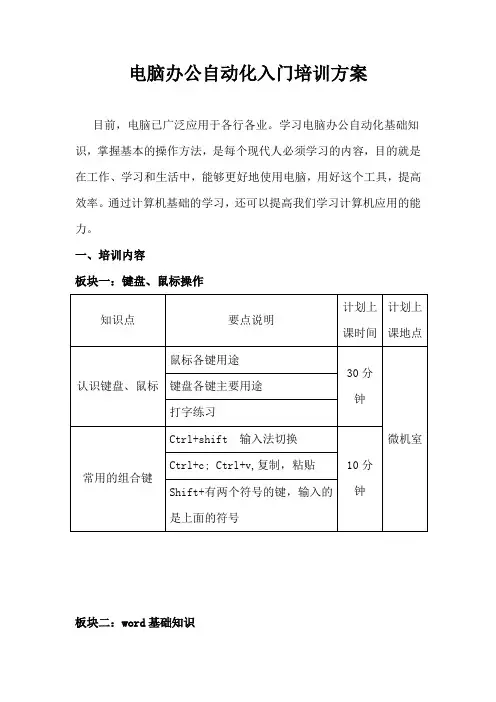 电脑办公自动化入门培训方案