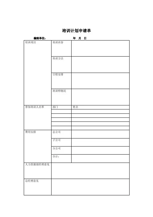 (新)煤炭行业人力资源部培训计划申请单