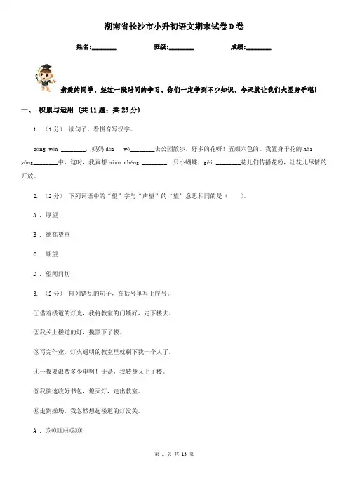 湖南省长沙市小升初语文期末试卷D卷