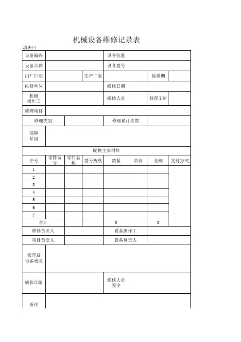 机械设备维修记录表