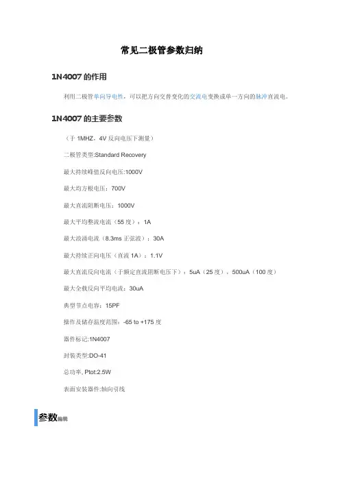 常见二极管参数归纳