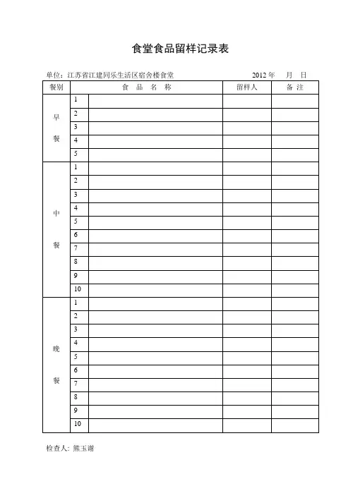 食堂食品留样记录表 2