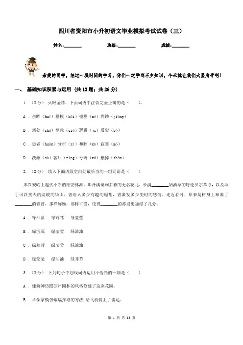 四川省资阳市小升初语文毕业模拟考试试卷(三)