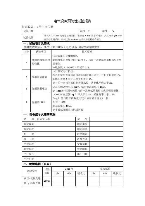 电力变压器预防性试验报告