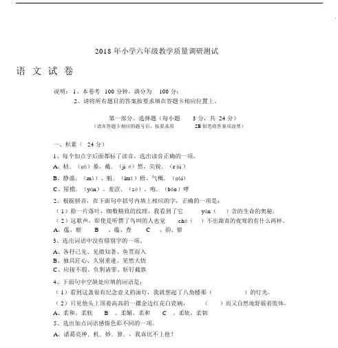 2018年小学六年级调研测试题.docx
