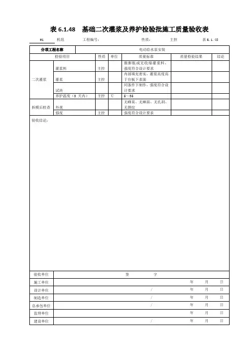 61.电动给水泵安装--基础二次灌浆检验批施工质量验收表6.1.48