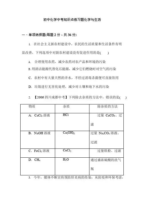 (完整版)初中化学中考知识点练习题化学与生活,推荐文档