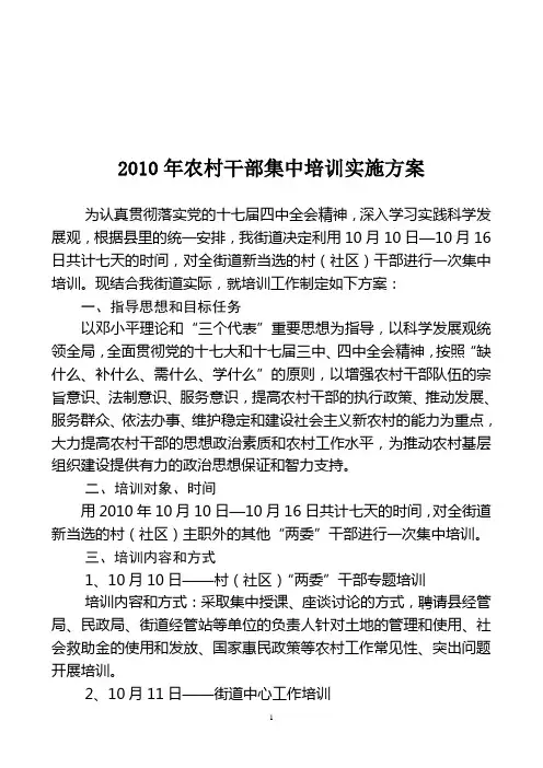 街道农村干部培训实施方案