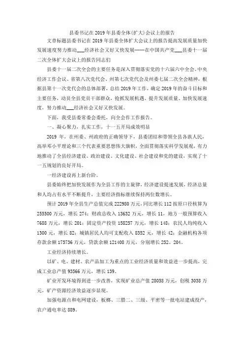 最新-县委书记在2019年县委全体(扩大)会议上的报告 精品