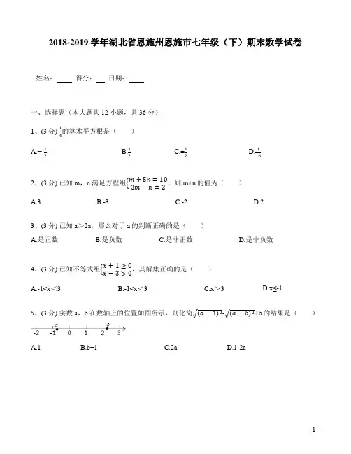 湖北省恩施州恩施市2018-2019学年七年级(下)期末数学试卷(含解析)