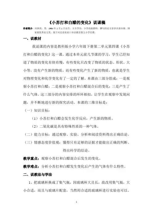 教科版六年级科学下册《小苏打和白醋的变化》说课稿