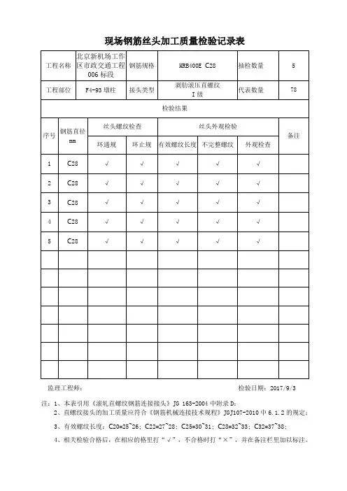 现场钢筋丝头加工质量检验记录表