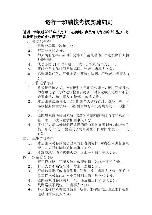 运行一班班组绩效考核制度