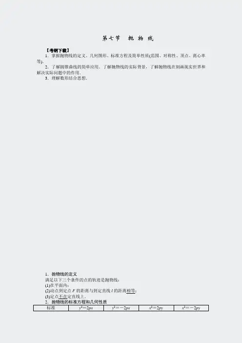 高考数学理一轮复习配套文档第8章第7节抛物线