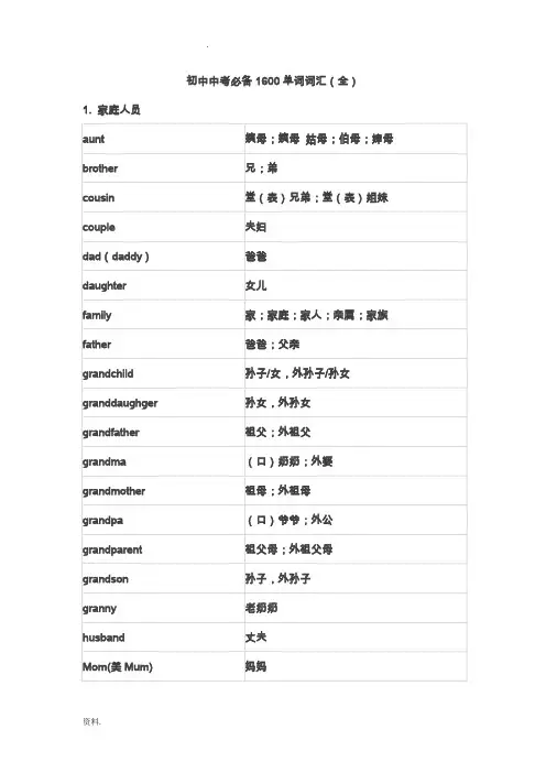 初中中学考试必备1600单词词汇(全)