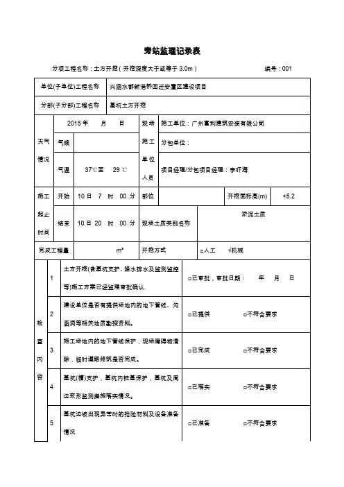 土方开挖旁站监理记录表