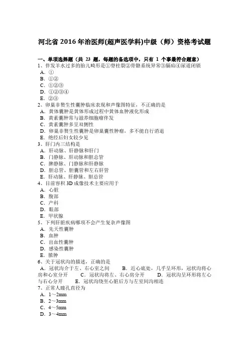 河北省2016年治医师(超声医学科)中级(师)资格考试题