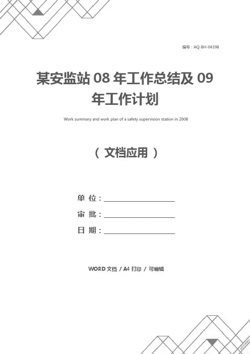 某安监站08年工作总结及09年工作计划